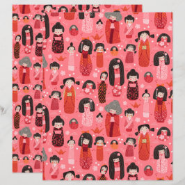 Lámina Papel de cuaderno de Kokeshi japonés ilustrado ros