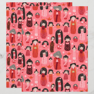 Lámina Papel de cuaderno de Kokeshi japonés ilustrado ros