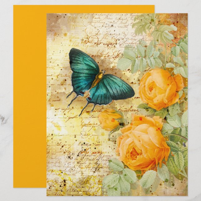 Lámina Papel de cuaderno de Naranja de mariposa vintage (Anverso / Reverso)
