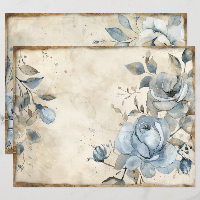 Lámina Papel de cuaderno de Rosas azul turbio y floral vi (Anverso / Reverso)