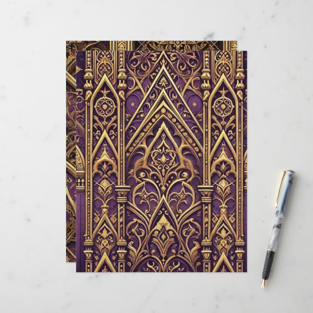 Lámina Papel de cuaderno gótico morado y dorado victorian (Anverso/Reverso In Situ)