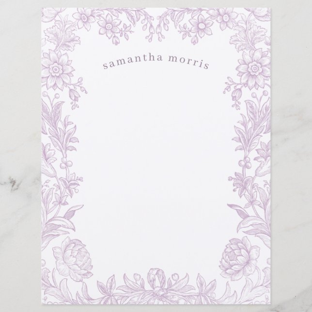 Lámina Papel de escritura elegante de lavanda floral (Anverso)