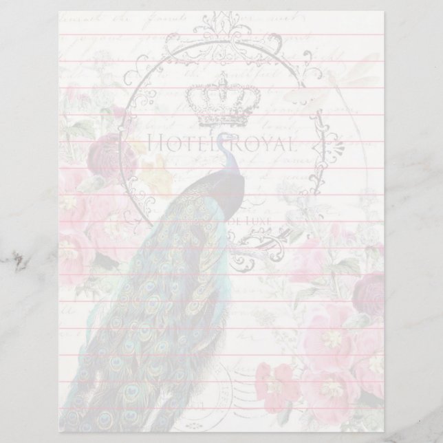 Lámina Papel de fondo de pavo real y flores de primavera (Anverso)