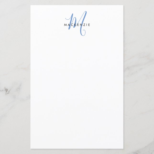 Lámina Papel de Monograma Moderno de Guión Blanco Azul (Anverso)