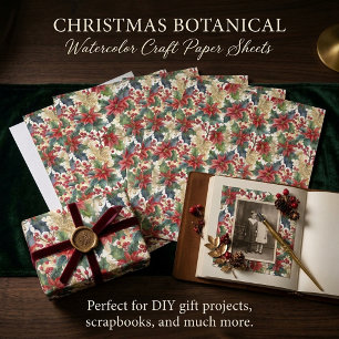 Lámina Papel de Navidad con poinsettia y acebo en acuarel