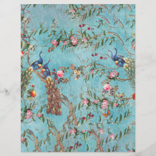 Lámina Papel de origami rosa y azul pavos reales vintage