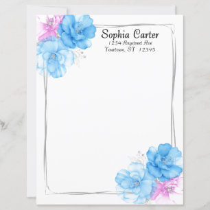 Lámina Papel de papelería chic floral azul y rosa