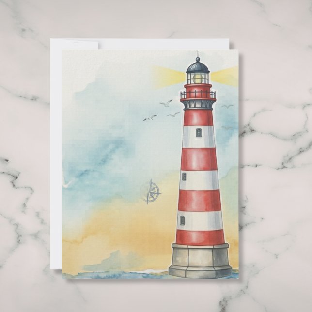 Lámina Papel de papelería costera de acuarela de faro (Scenic coastal watercolor writing paper.)