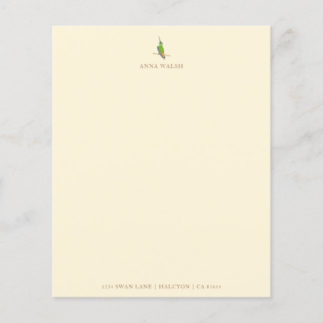 Lámina Papel de papelería personalizado de colibrí en col (Anverso)