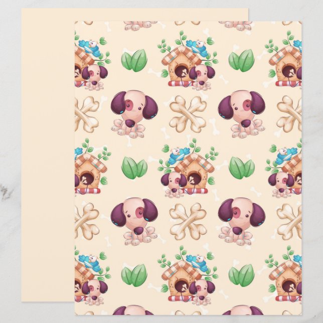 Lámina Papel de Scrapbook con Patrón de Perro Adorable (Anverso / Reverso)