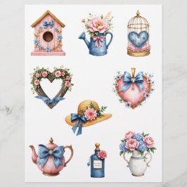 Lámina Papel de Scrapbook de Casa de Campo Azul y Rosa 