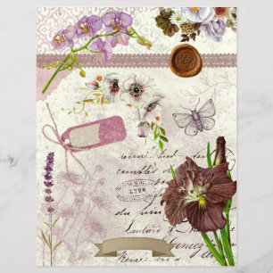 Lámina Papel de Scrapbook de Collage Floral Púrpura Vinta