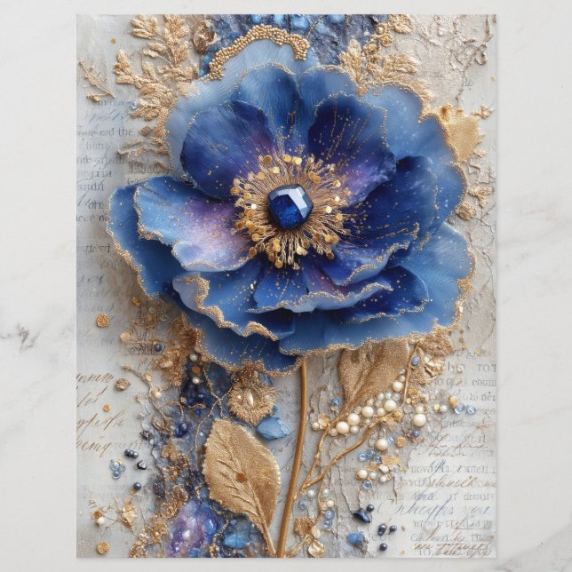 Lámina Papel de Scrapbook de Flor Azul para Junk Journal (Anverso)