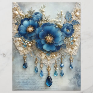 Lámina Papel de Scrapbook de Flores Azules con Piedras Pr