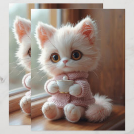 Lámina Papel de Scrapbook de Gato Blanco Esponjoso y Rosa