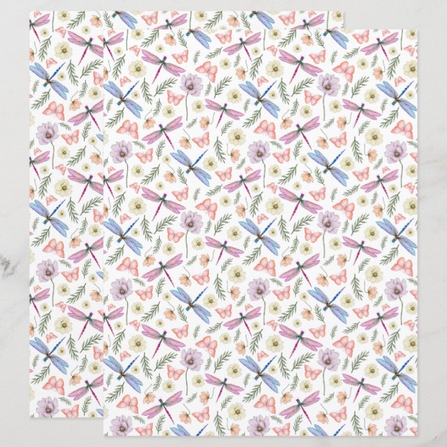 Lámina Papel de Scrapbook de Libélulas y Mariposas (Anverso / Reverso)