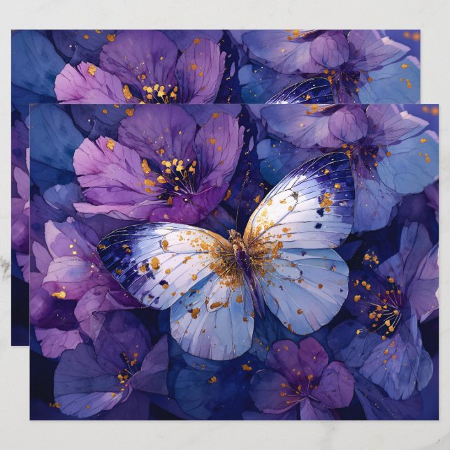 Lámina Papel de Scrapbook de Mariposa Azul sobre Flores P (Anverso / Reverso)