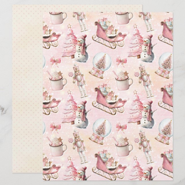Lámina Papel de Scrapbook de Navidad Rosa Pastel Mono (Anverso / Reverso)