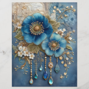Lámina Papel de Scrapbook Diario Basura Gemas Flor Azul