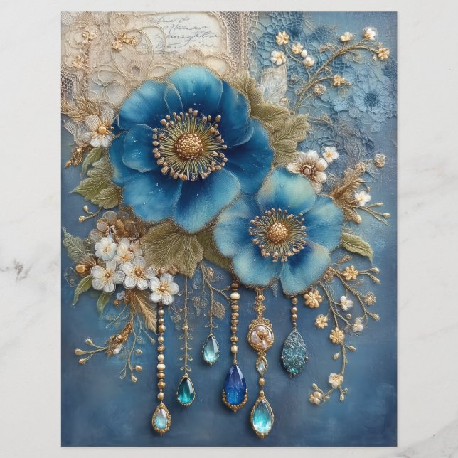 Lámina Papel de Scrapbook Diario Basura Gemas Flor Azul (Anverso)