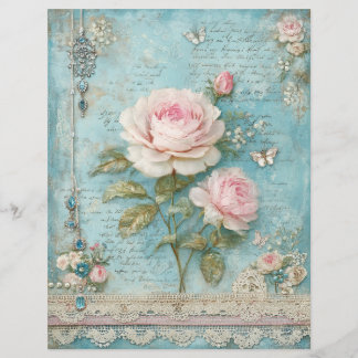 Lámina Papel de Scrapbook Diario Basura Rosas Rosadas Azu