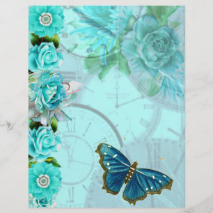 Lámina Papel de scrapbook floral mariposa azul menta romá