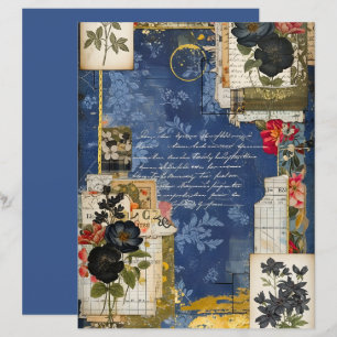 Lámina Papel de Scrapbook Floral Vintage Azul Medianoche