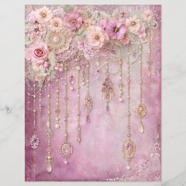 Lámina Papel de Scrapbook Flores Rosadas Joyas Diario de  (Anverso)