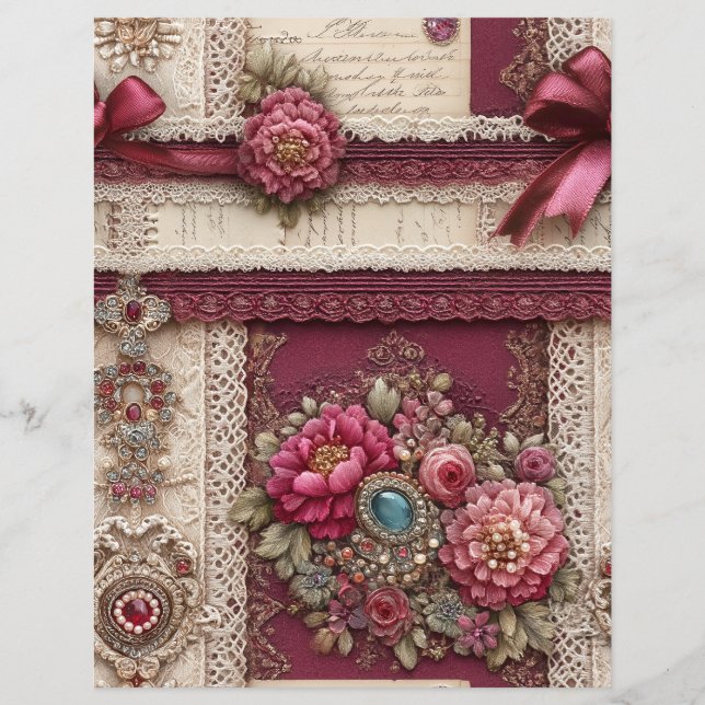 Lámina Papel de Scrapbook Journal Basura Rojo Burdeos Cre (Anverso)