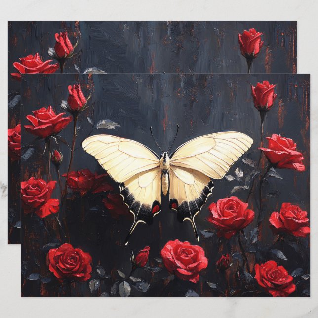 Lámina Papel de Scrapbook Mariposa Rosas Rojas Vibrantes (Anverso / Reverso)