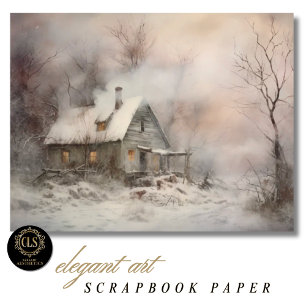 Lámina Papel de Scrapbook Paisaje de Cabaña Acuarela