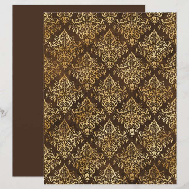 Lámina Papel elegante del patrón de damasco marrón dorado (Anverso / Reverso)