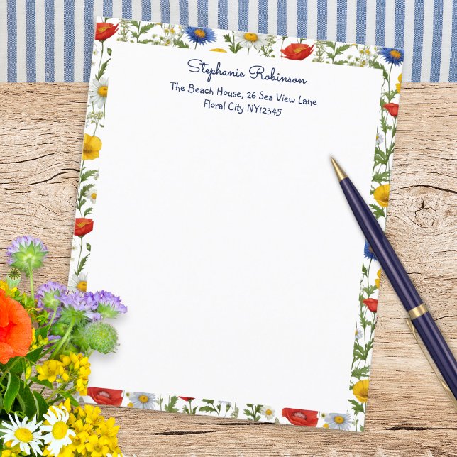 Lámina Papel Floral Colorido de Flores Silvestres (Beautiful writing paper, personalized with name and address, with a colorful border of wildflowers)
