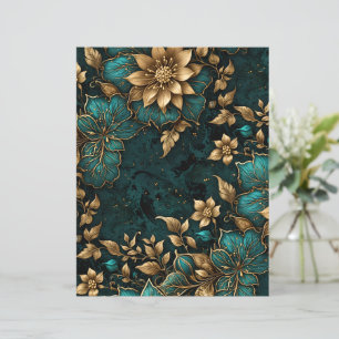 Lámina Papel Floral de Mármol Dorado Turquesa Lujoso y El