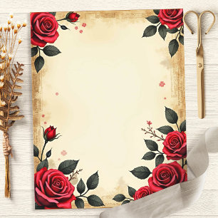 Lámina Papel Floral de Scrapbook Rosas Rojas Vintage