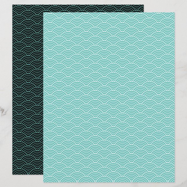 Lámina Papel moderno Verde azulado de la ola japonesa neg (Anverso / Reverso)