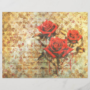 Lámina Papel para Diario Basura de Rosas Rojas Vintage - 