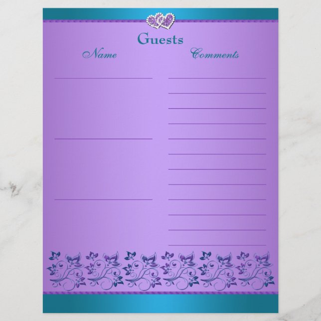 Lámina Papel para Libro de Invitados con Flores Morado y  (Anverso)
