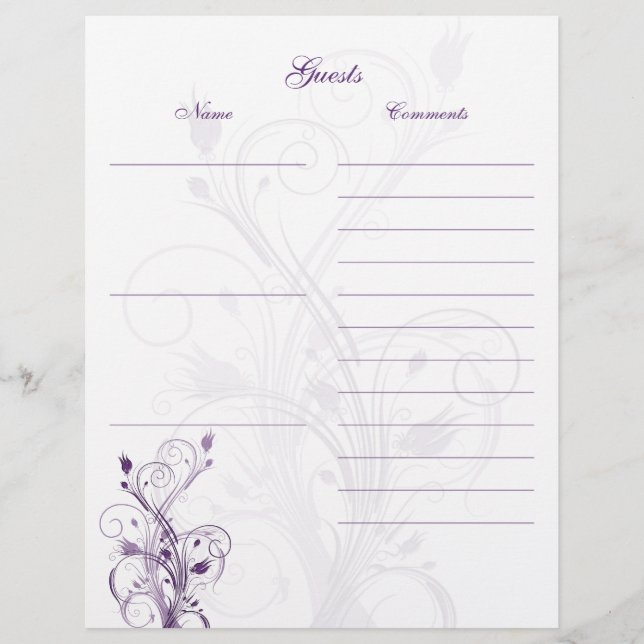 Lámina Papel para libro de invitados floral púrpura y bla (Anverso)