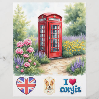 Lámina Papel para Scrapbook de Corgi en Cabina Telefónica