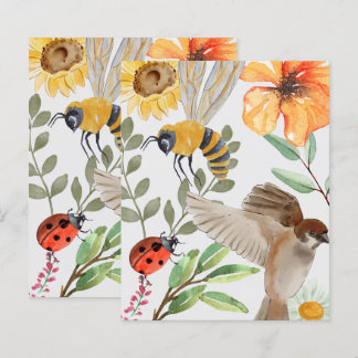 Lámina Papel plano de acuarela con abeja, gorrión y flore