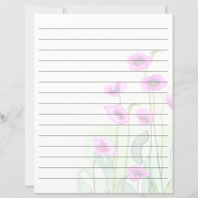 Lámina Papel rayado con amapolas acuarela rosadas (Anverso)