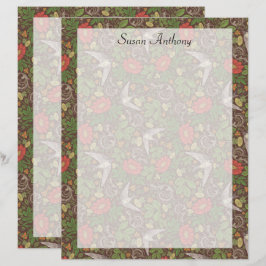 Lámina Papel victoriano de jardín de pájaros rojo vintage