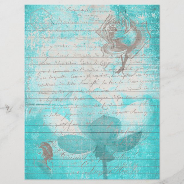 Lámina Papel y flores verde azulados de escritura antigua (Anverso)