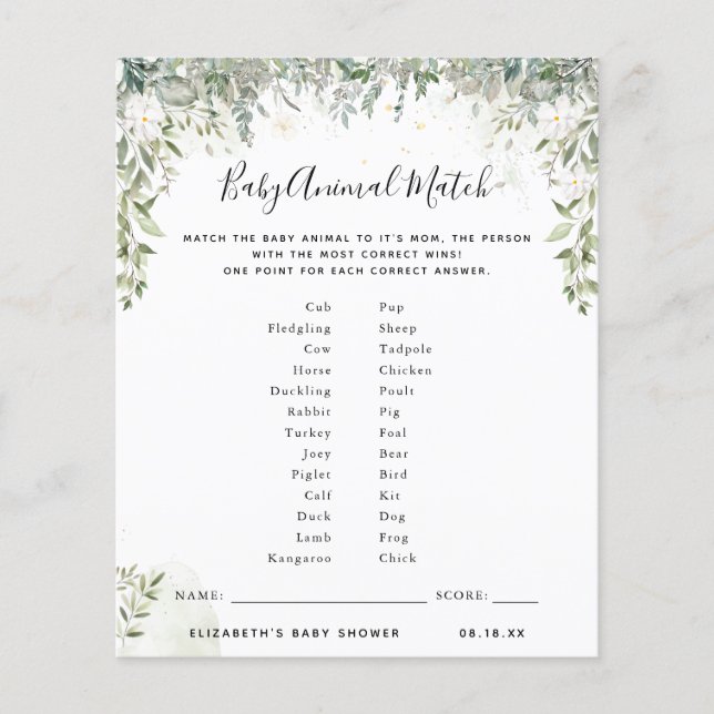 Lámina Partida de animales bebés | Juego Baby Shower (Anverso)