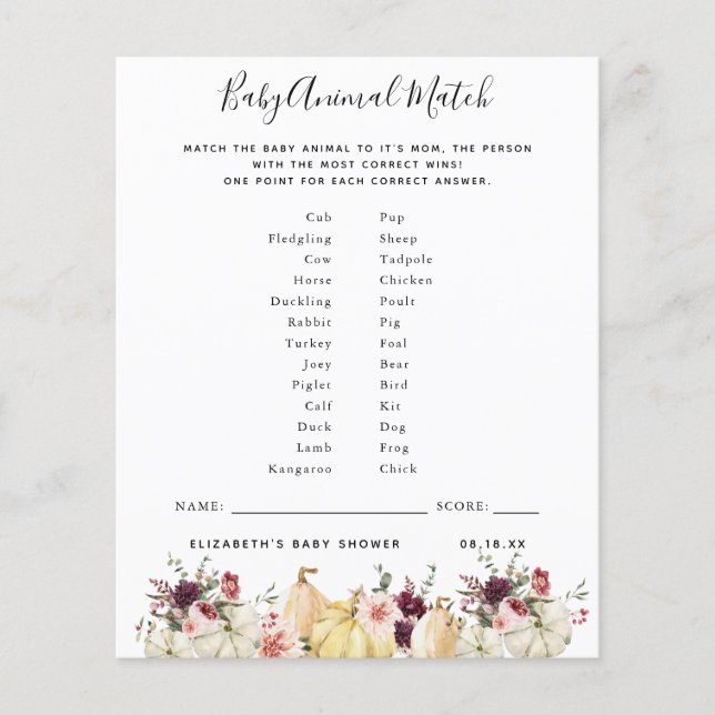 Lámina Partida de animales bebés | Juego Baby Shower (Anverso)