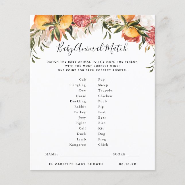 Lámina Partida de animales bebés | Juego Baby Shower (Anverso)