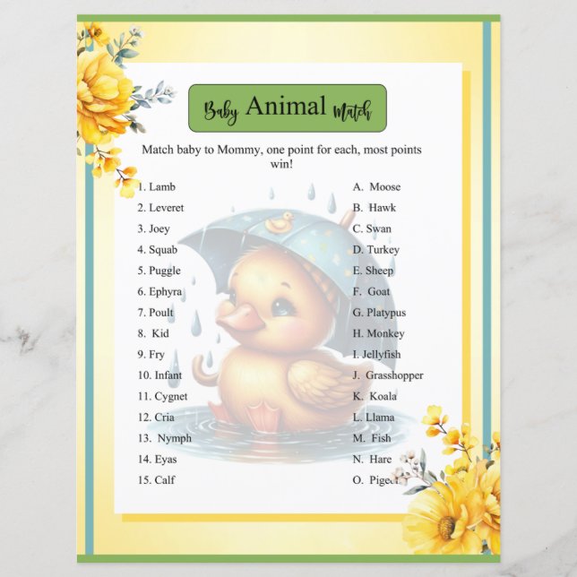 Lámina Partida de animales de Baby Shower Cubber Ducky (Anverso)