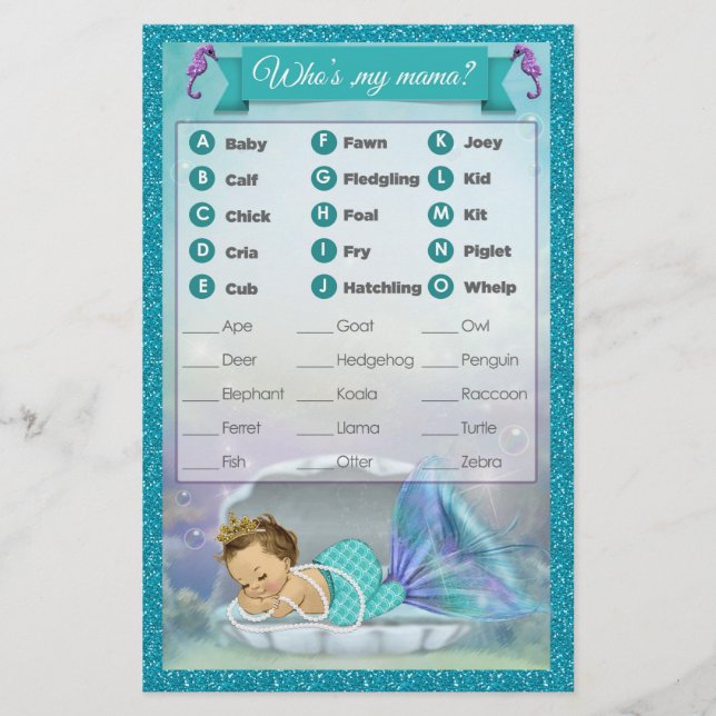 Lámina Partida de animales de la Sirena Baby Shower #130 (Anverso)