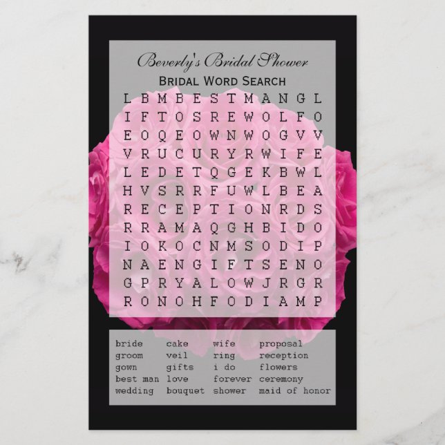 Lámina Partido Bridal Shower Word Search Game - Rosas (Anverso)